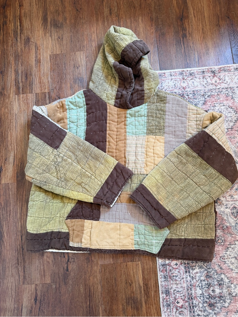 Womens Patchwork Quilted Hoodie Jacket - Green & Brown